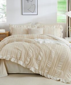 WONGS BEDDING Queen Comforter Set,Beige Cute Ruffle Comforter for Queen Bed, 7 Pieces Bed in a Bag Seersucker Shabby Chic Bedding Set 90"×90"