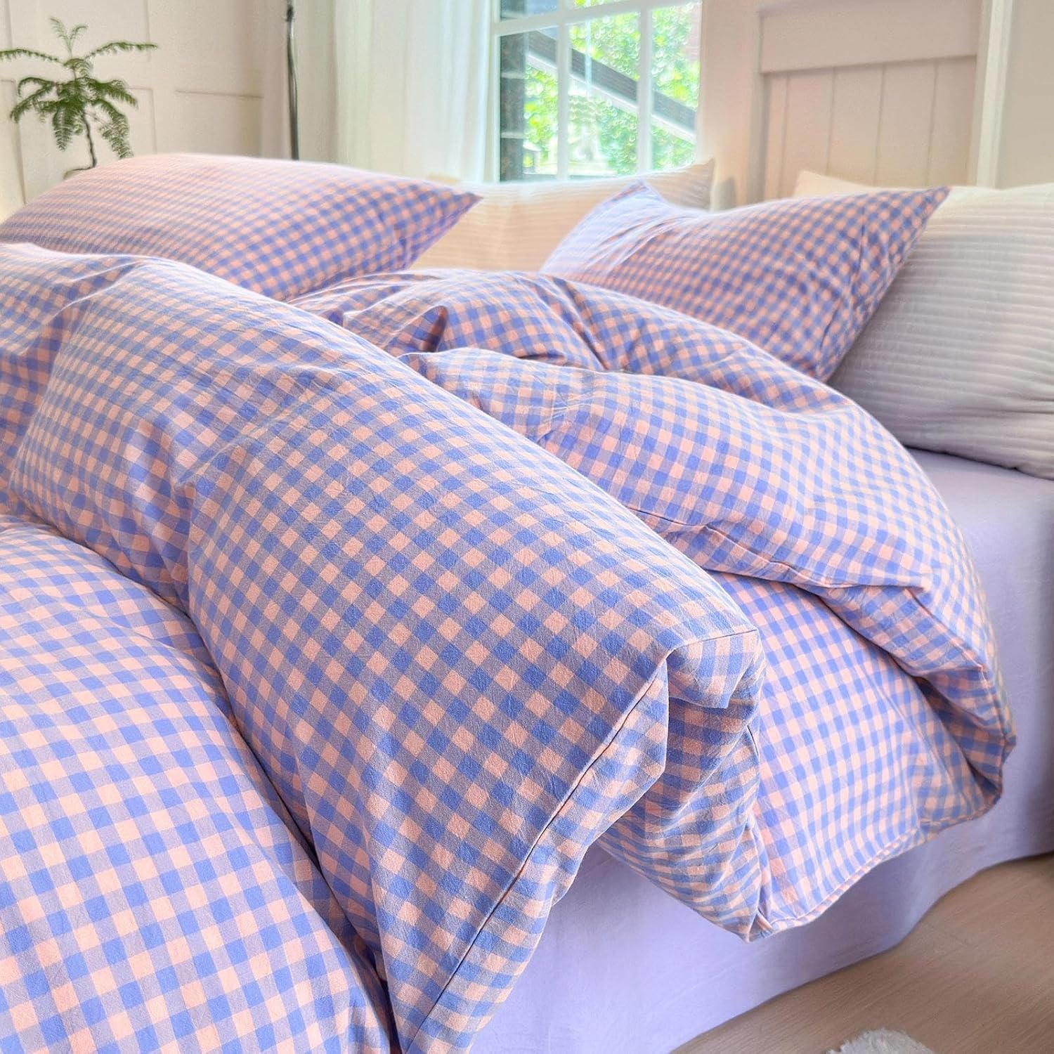 LifeTB Queen Comforter Set Tan Gingham Comforter Modern Style Beige Plaid Comforter Set 3 Pieces Fluffy Grid Checkered Comforter with 2 Pillowcases Boho Gingham Bedding Set Queen Size - Image 16