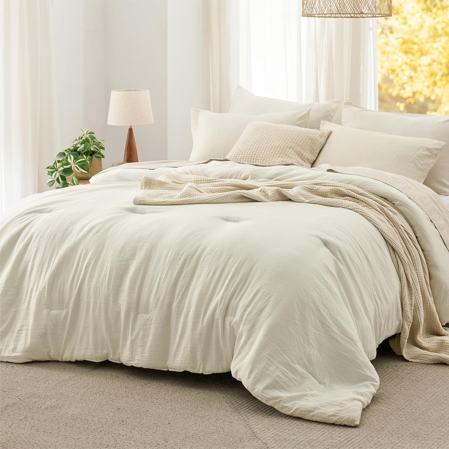 Bedsure King Size Comforter Set, Beige Soft Prewashed Bedding for All Seasons, 3 Pieces GentleSoft™ Warm Down Alternative Bed Set, 1 Lightweight Comforter (104"x90") and 2 Pillowcases (20"x36") - Image 10