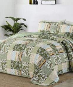 WONGS BEDDING Green Quilt Set King Size，Green Patchwork Plaid Printed Bedspread Coverlet Set，3 Pieces Summer Soft Microfiber Boho Bedding Set with 1 Quilt 2 Pillowcases