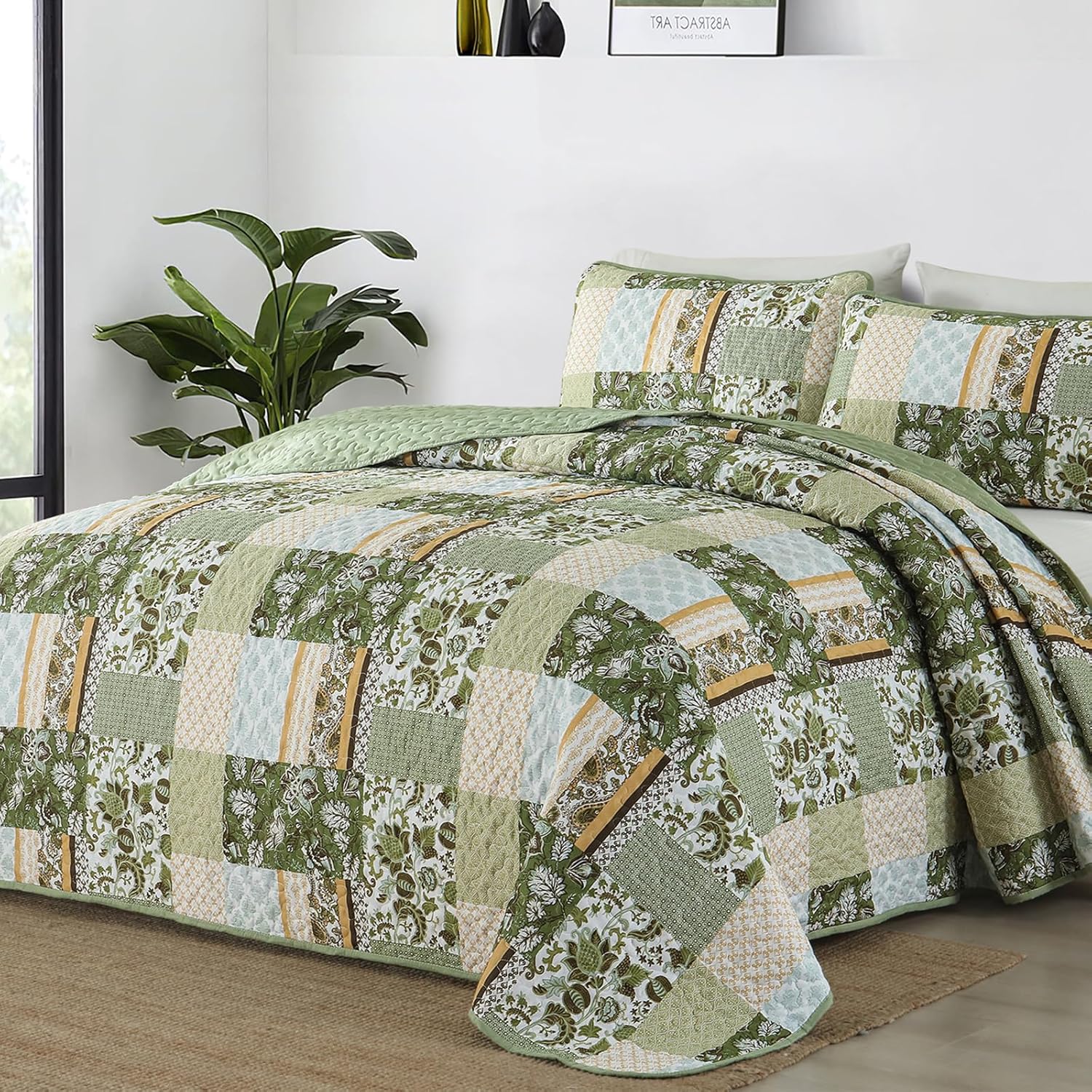 WONGS BEDDING Green Quilt Set King Size,Green Patchwork Plaid Printed Bedspread Coverlet Set,3 Pieces Summer Soft Microfiber Boho Bedding Set with 1 Quilt 2 Pillowcases