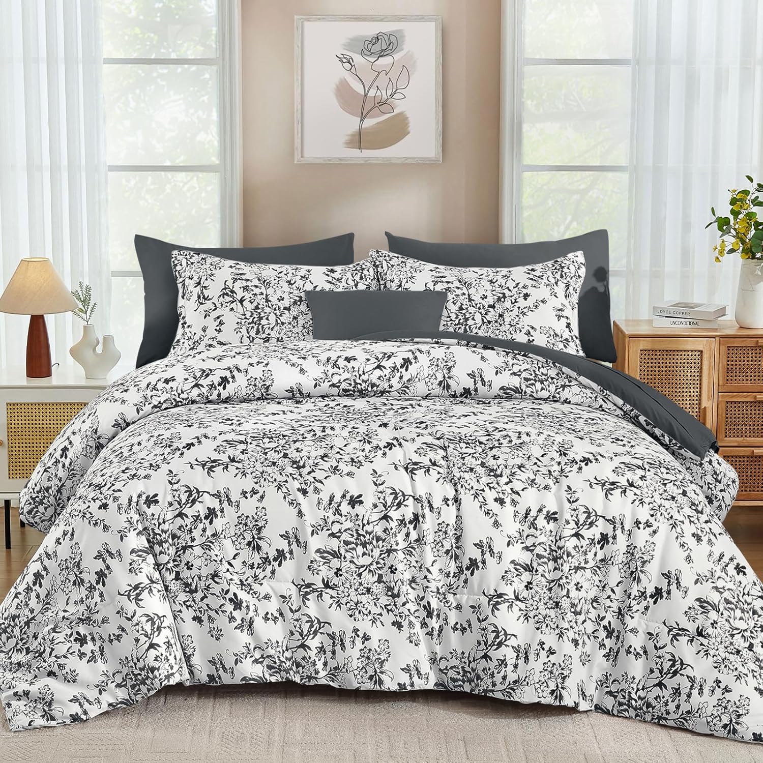 WONGS BEDDING 8 Pieces Queen Size Comforter Set Green, Sage Green Floral Bed in a Bag Comforter Sets, Soft Reversible Botanical Flowers Bedding Sets for All Season (90"x90") - Image 7