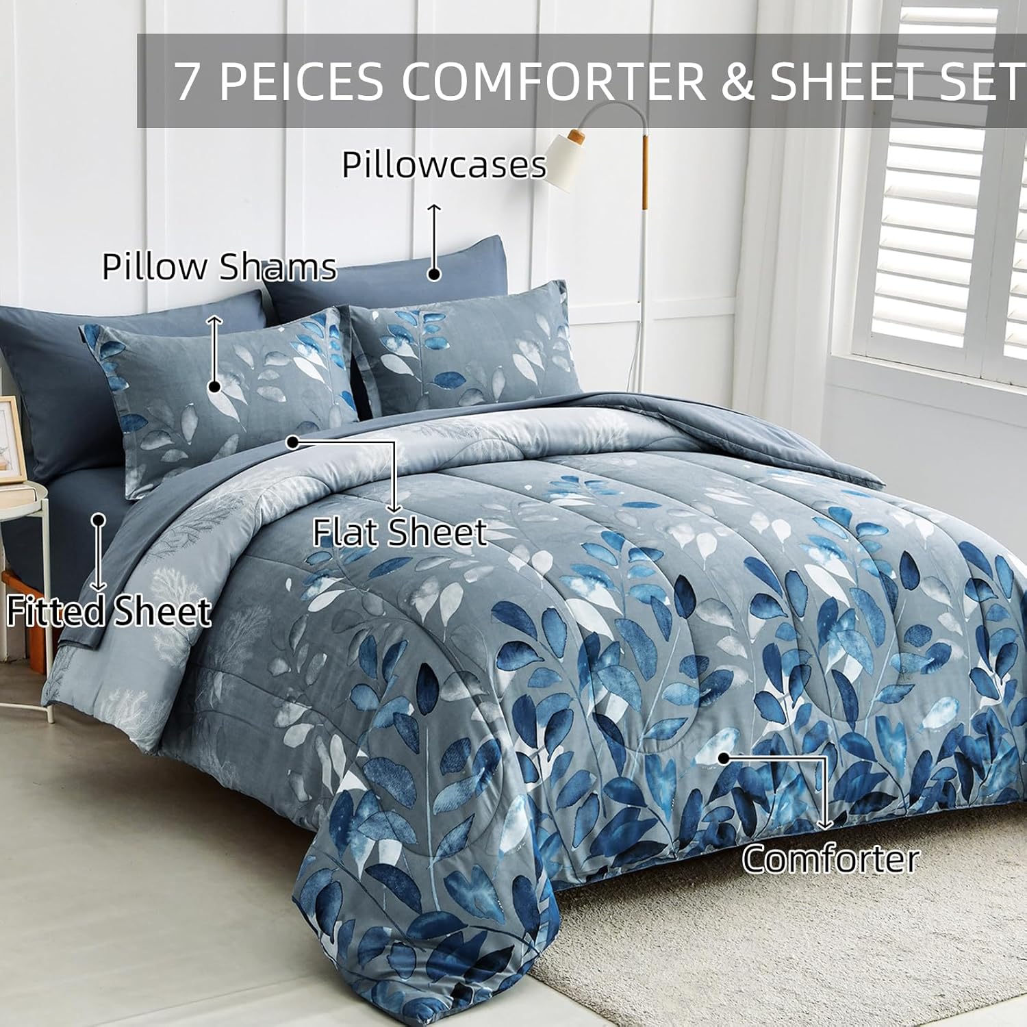 Blue Floral Comforter Set Queen Size 7 Piece Navy Botanical Gradient Leaves Ultra Soft Microfiber Down Alternative Bedding Set Lightweight Reversible Boho Bed Comforter Set for All Season 90" x 90" - Image 2