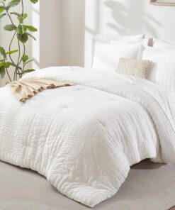 CozyLux Queen Comforter Set White Seersucker 7 Pieces Bed in a Bag Queen Comforter Set with Sheets, Luxury Soft Bedding Set with Down Alternative Comforter, Sheets, Pillowcases & Shams for All Seasons