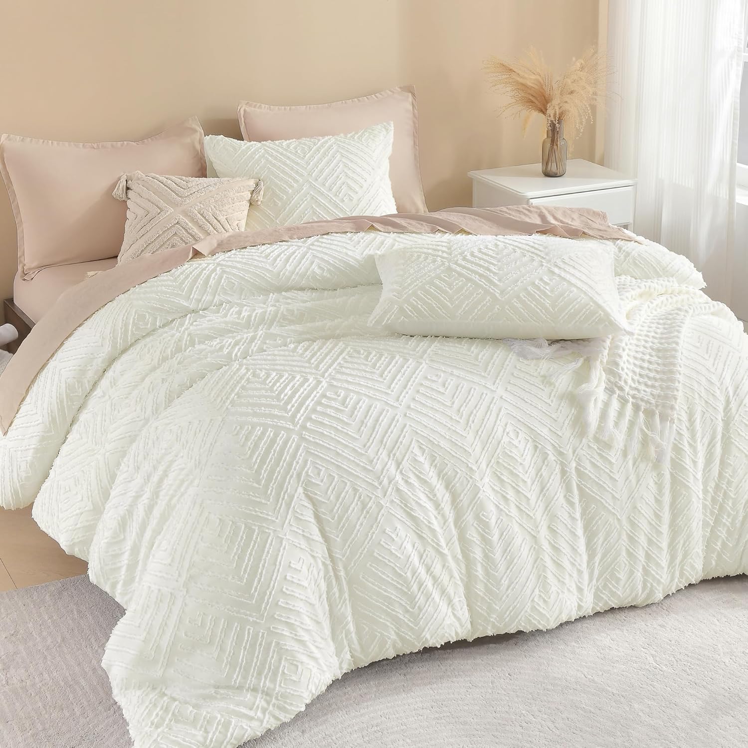 Litanika California King Comforter Set Beige, 3 Pieces Cream Tufted Boho Farmhouse Bedding Comforter Sets, Lightweight Fluffy Comforter Bed Set for All Season (104x96In Comforter and 2 Pillowcases) - Image 23