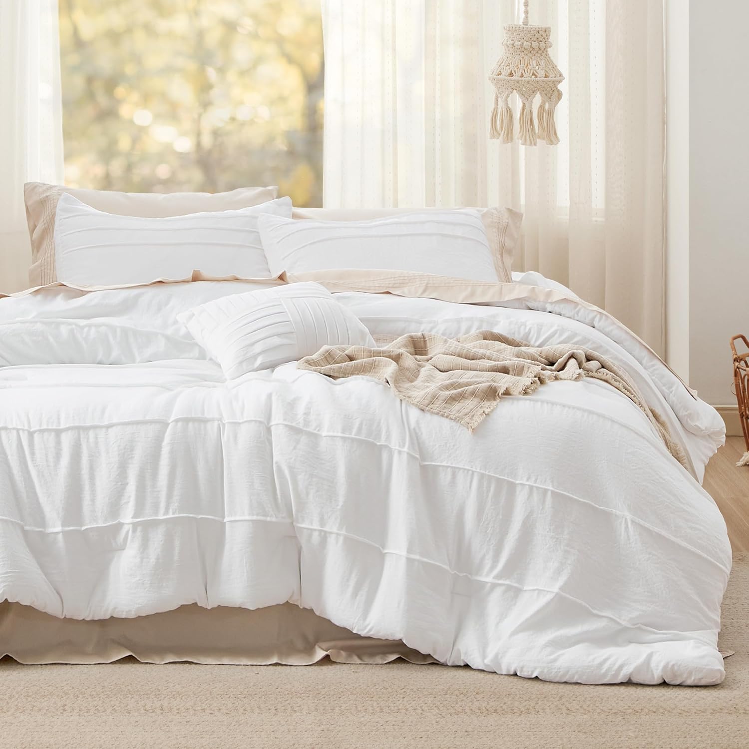 Bedsure Queen Comforter Set - 4 Pieces Pinch Pleat Bed Set, Beige Boho Bedding for All Season, 1 Soft Comforter, 2 Pillowcases, 1 Decorative Pillow - Image 18