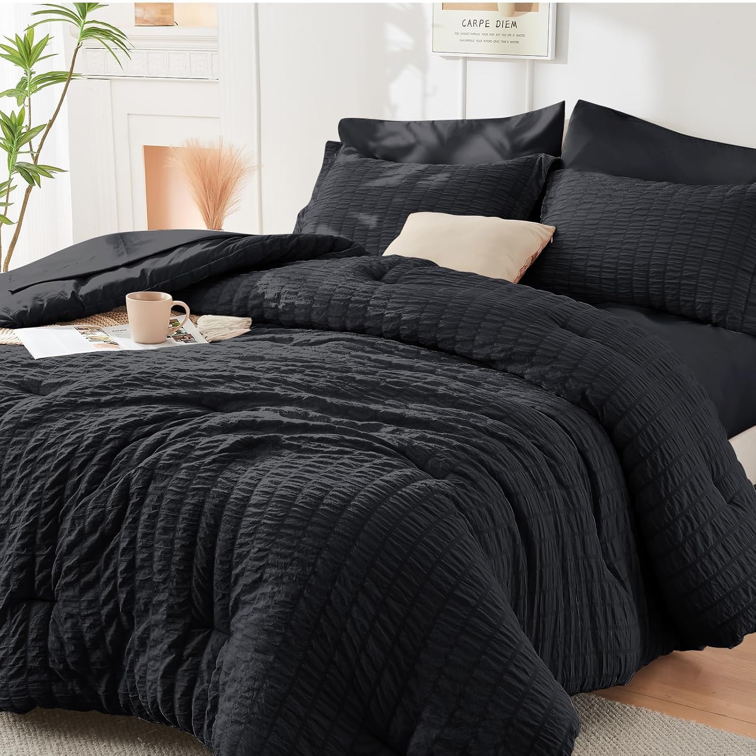HYMOKEGE Queen Comforter Set Seersucker 7 Pieces, All Season Luxury Bed in a Bag for Bedroom, Bedding Set with Comforters, Sheets, Pillowcases & Shams, Dark Grey - Image 91