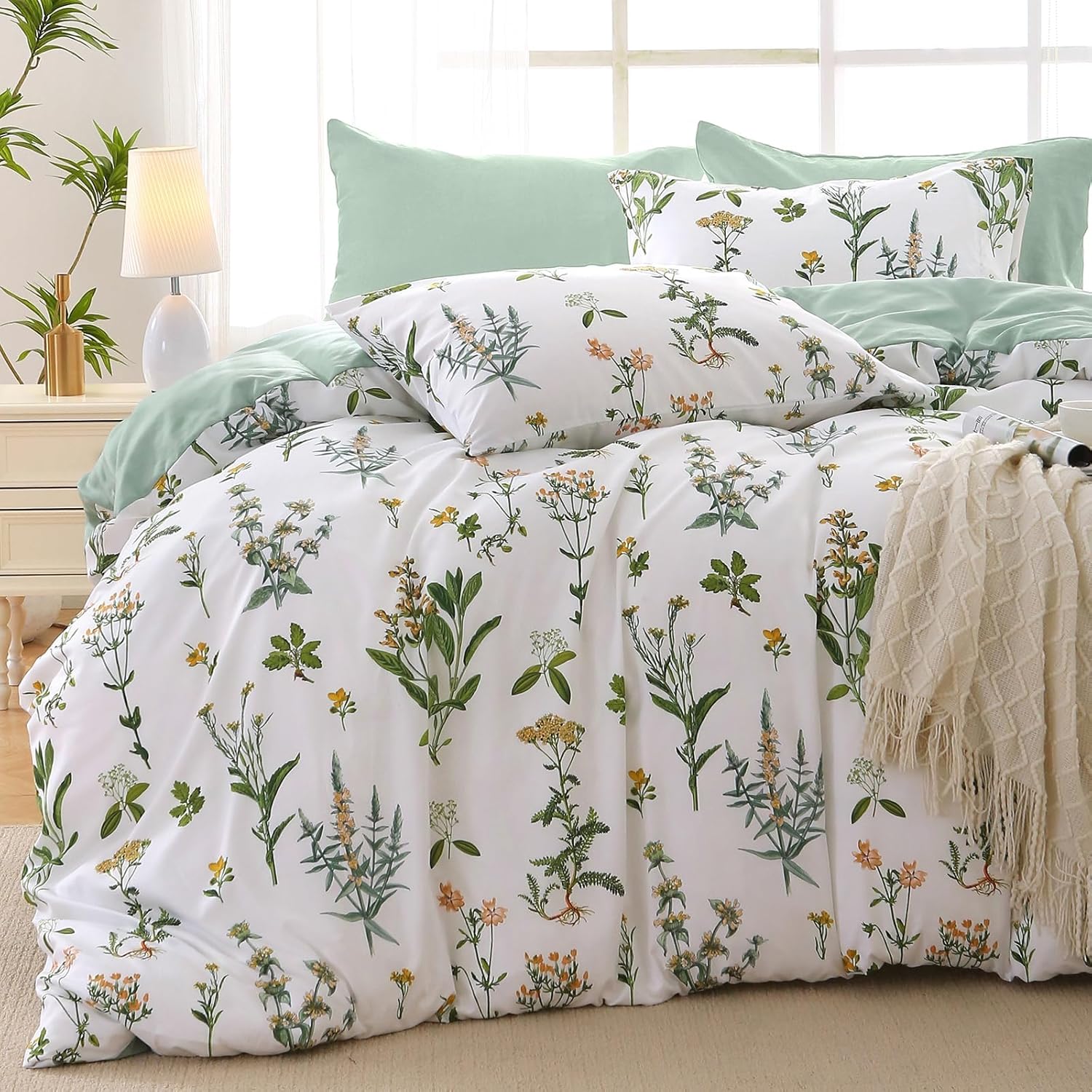 MUXHOMO Bed in a Bag Queen 7 Pieces, Sage Green Queen Comforter Set Reversible Botanical Flowers Design, Ultra Soft & Breathable Bedding Sets with Comforter, Sheets, Pillowcases & Shams - Image 20