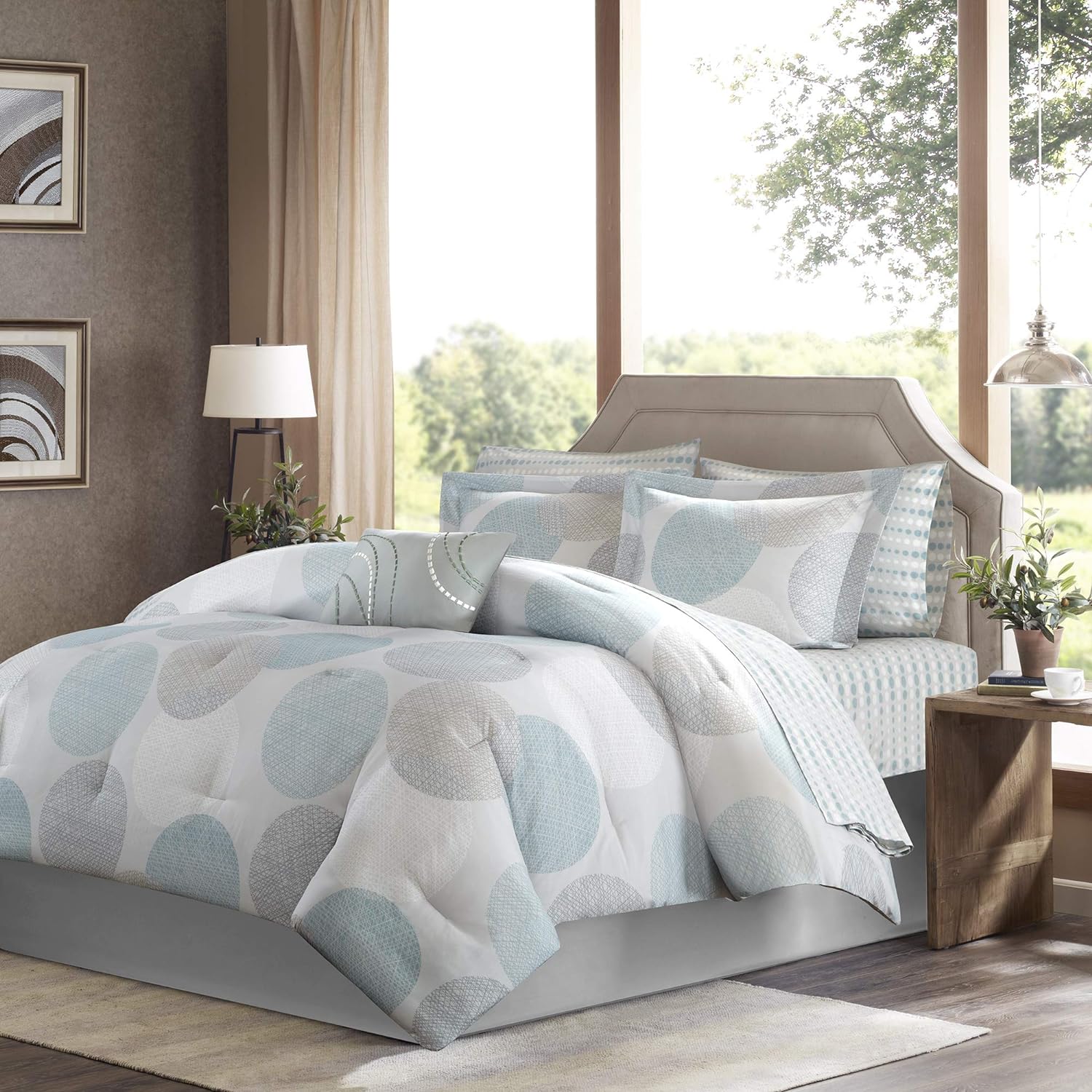 Madison Park Essentials Queen Comforter Set, Bed in a Bag Queen, Watercolor Print Coastal Comforter & Chambray Cotton Sheet Set, All Season Bedding Set, Saben, Aqua Queen (90 in x 90 in) 9 Piece - Image 7