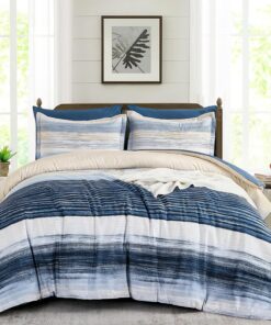 WONGS BEDDING Blue Comforter Set King Size, 7 Pieces King Bed in a Bag for All Season, Soft and Breathable Striped Bedding Set with Boho Comforter, Flat Sheet, Fitted Sheet, Pillowcases & Shams
