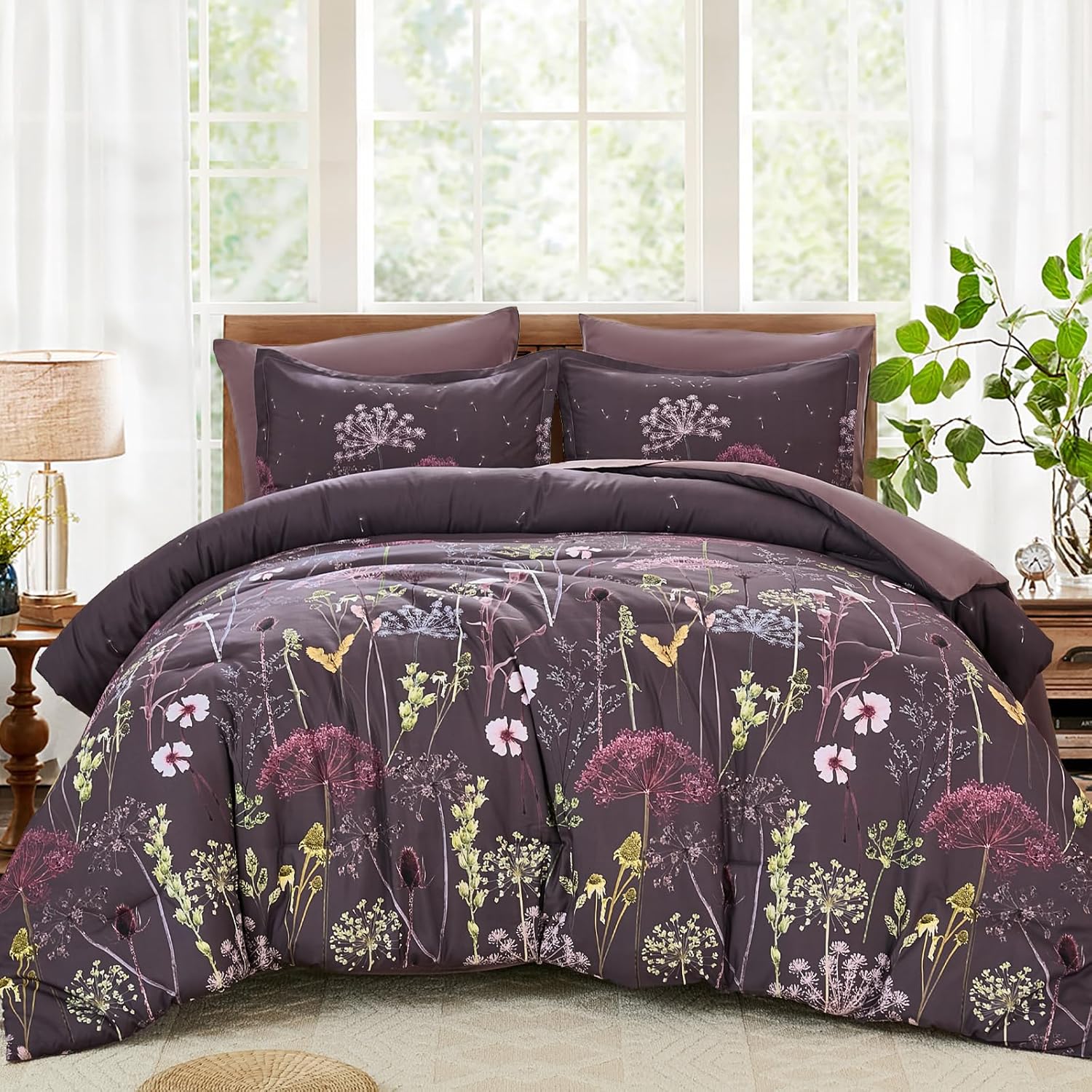 Yiran King Size Comforter Set, 7 Piece Comforter Floral Black Green Bedding Set, Soft Bed in a Bag King, Comforter, Sheets, Pillowcases & Shams - Image 9