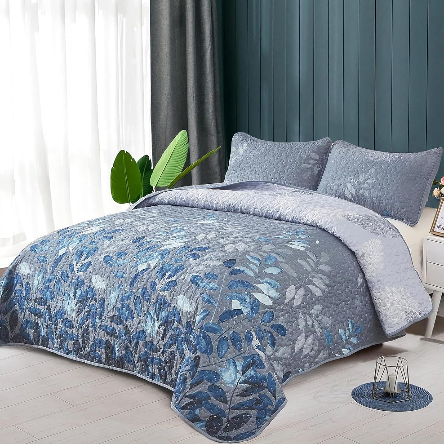 WONGS BEDDING Blue Quilt Set King Size,3 Pieces Navy Blue Floral Bedspread Coverlet Set with 2 Pillowcases,Soft Microfiber Lightweight Grayish Blue Gradient Floral Bedding Set 104"×90" - Image 2
