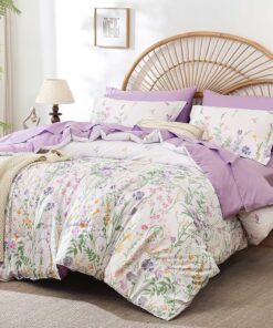 Yiran Purple Watercolour Floral Comforter Set Queen Size, 7 Piece Cute Botanical Lavender Comforter Bedding Set, Bed in a Bag Queen, Soft Microfiber Complete Bedding Set with Sheets for All Season