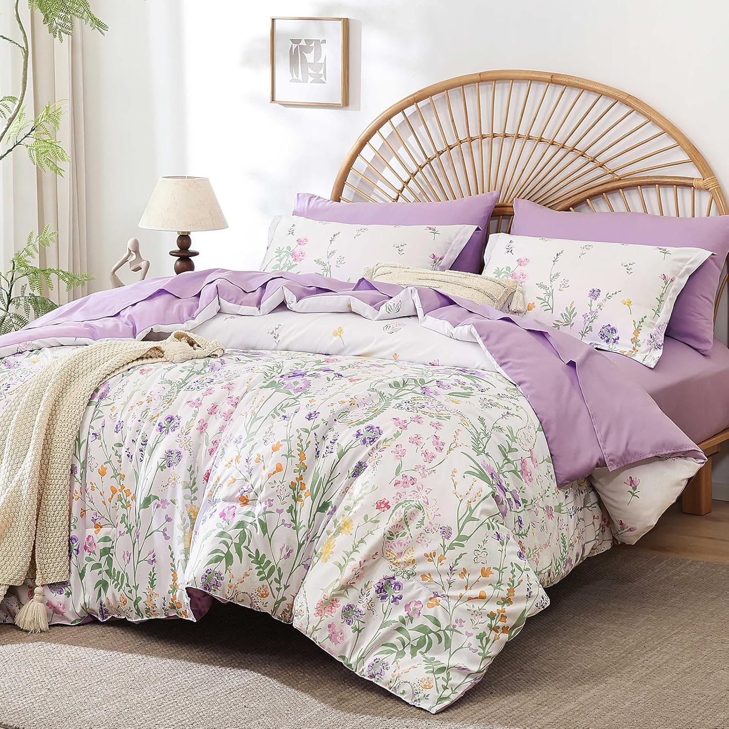 Yiran Purple Watercolour Floral Comforter Set Queen Size, 7 Piece Cute Botanical Lavender Comforter Bedding Set, Bed in a Bag Queen, Soft Microfiber Complete Bedding Set with Sheets for All Season