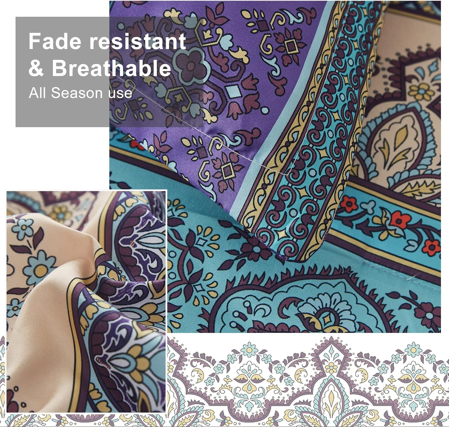 Cottolester Boho Comforter Set Full Size 8 Piece Bed in a Bag Bohemian Striped Bedding Quilt Set Aqua Paisley Floral Comforter and Sheet Set,Soft Microfiber Complete Bedding Sets for All Season - Image 3