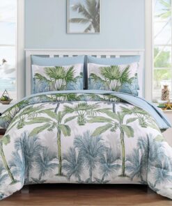 WONGS BEDDING Botanical Comforter Set Queen, 7 Pieces Blue Palm Tree Bed in a Bag, Reversiable Soft Microfiber Coastal Beach Bedding with Comforter, Flat Sheet, Fitted Sheet, Pillow Shams Pillowcases