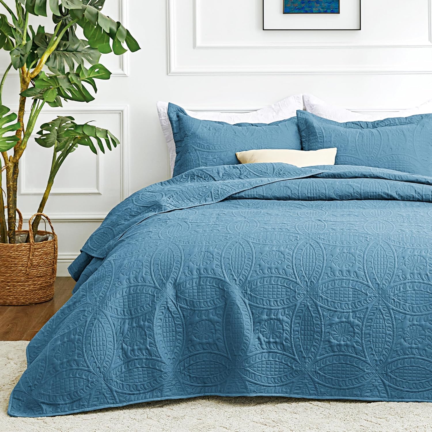 Love's cabin King Size Quilt Set Blue Bedspreads - Soft Bed Summer Lightweight Bedspread Comforter - Modern Style Coin Pattern Coverlet for All Season - 3 Pieces (1 Quilt, 2 Pillow Shams) - Image 16