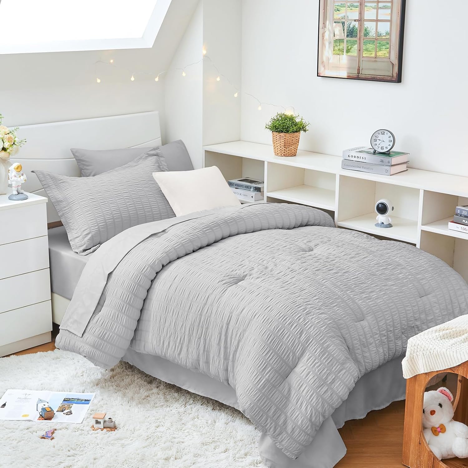 HYMOKEGE Queen Comforter Set Seersucker 7 Pieces, All Season Luxury Bed in a Bag for Bedroom, Bedding Set with Comforters, Sheets, Pillowcases & Shams, Dark Grey - Image 12