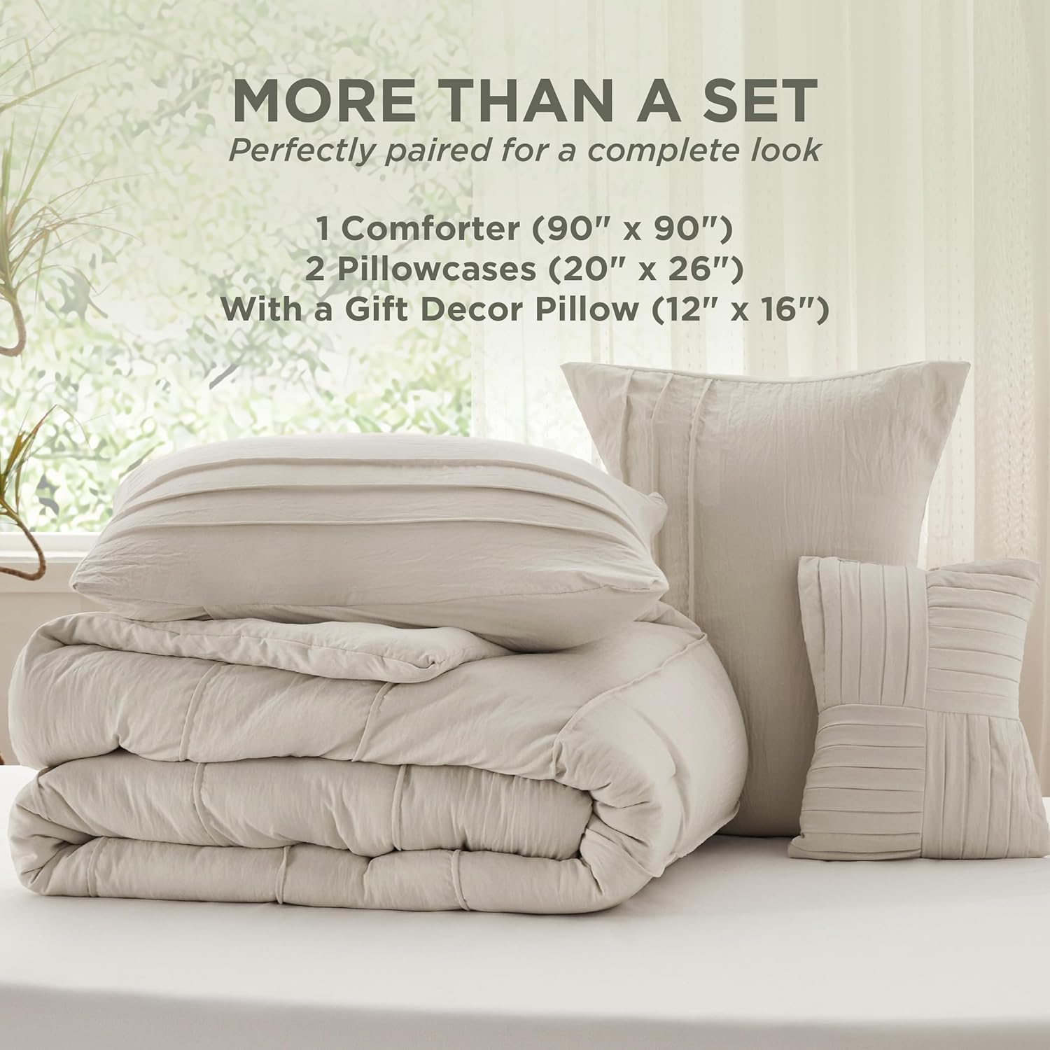 Bedsure Queen Comforter Set - 4 Pieces Pinch Pleat Bed Set, Beige Boho Bedding for All Season, 1 Soft Comforter, 2 Pillowcases, 1 Decorative Pillow - Image 6