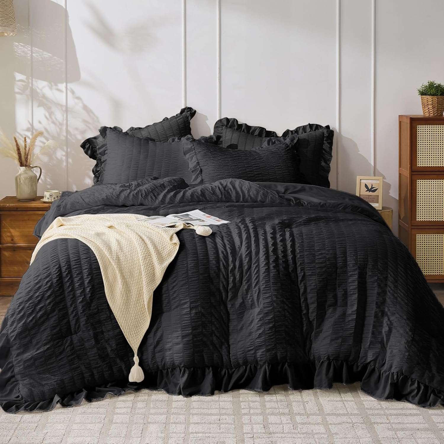 JOLLYVOGUE Queen Comforter Set, 3 Pieces White Seersucker Comforters Queen Size, Lightweight & Fluffy Bedding Sets Queen for All Season with 1 Ruffle Comforter and 2 Ruffle Pillowshams - Image 8