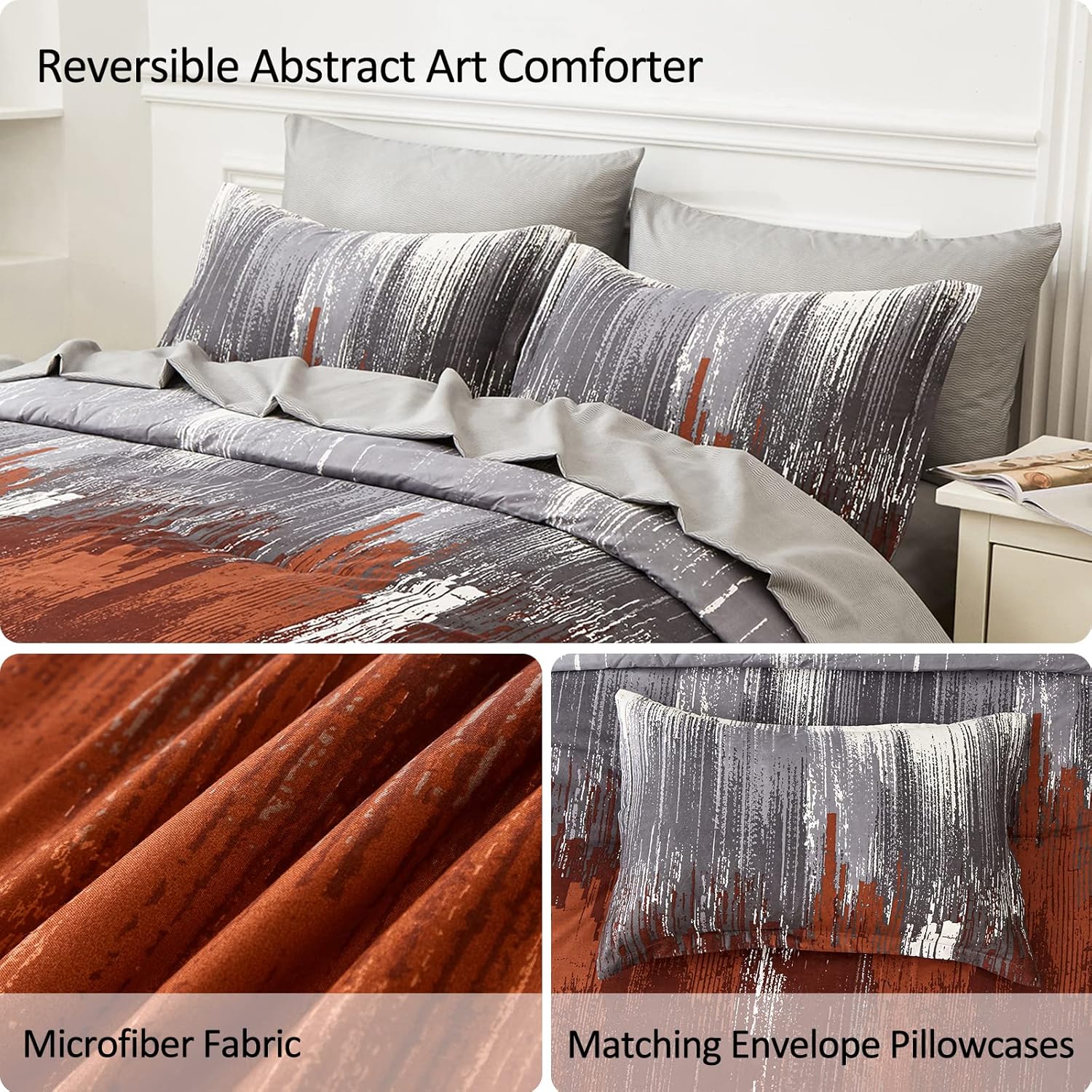 WONGS BEDDING Comforter Set King, Thanksgiving Burnt Orange 7 Pieces Bed in a Bag Abstract Gradient Soft Microfiber Fall Terracotta Bedding Set with Flat Sheet, Fitted Sheet, Pillow Shams, Pillowcases - Image 4