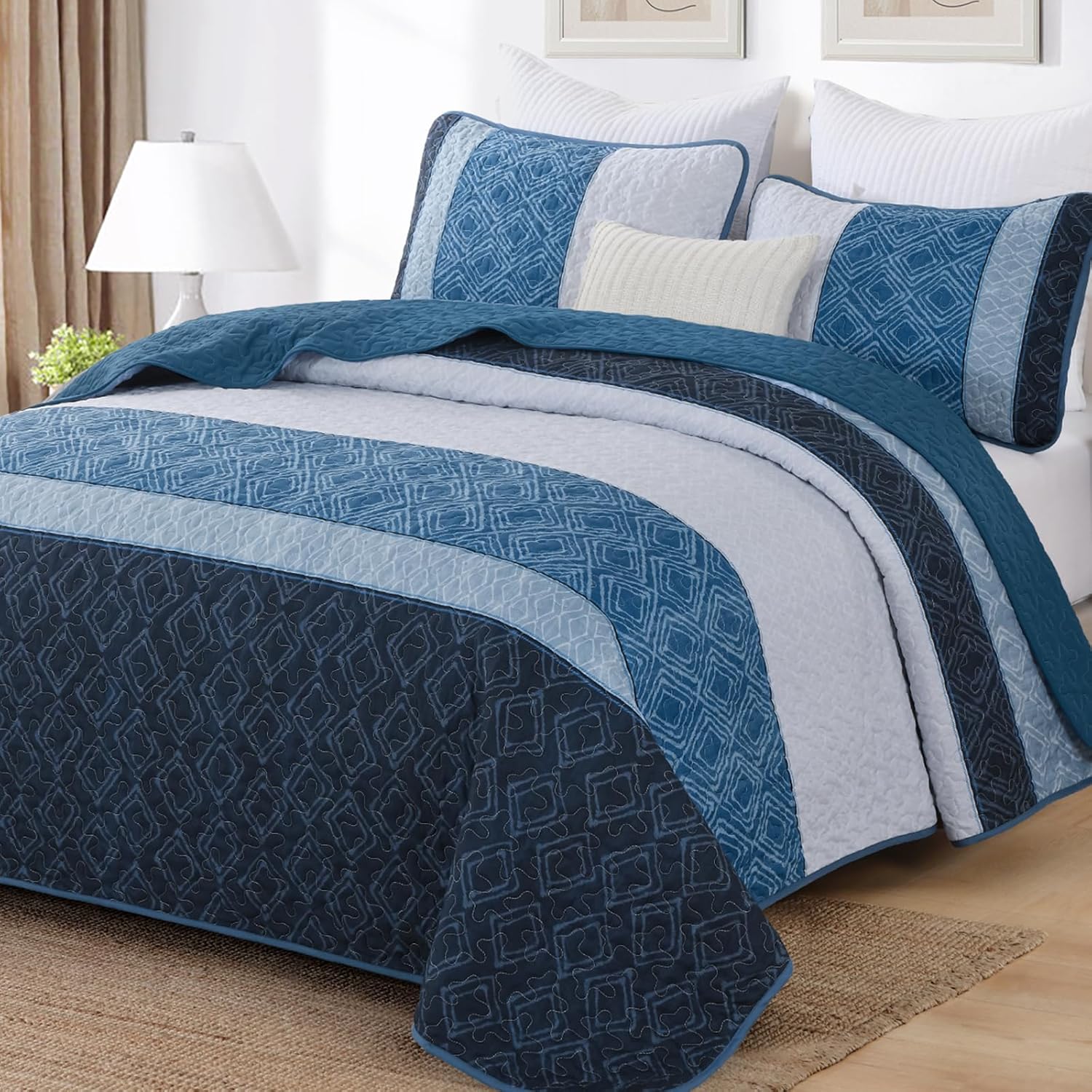 Cottolester Boho Quilt Set King Size 3 Pieces,Grey Striped Plaid Bedspread,Soft Microfiber Bedding Set with 2 Pillow Shams 110"x90" - Image 20