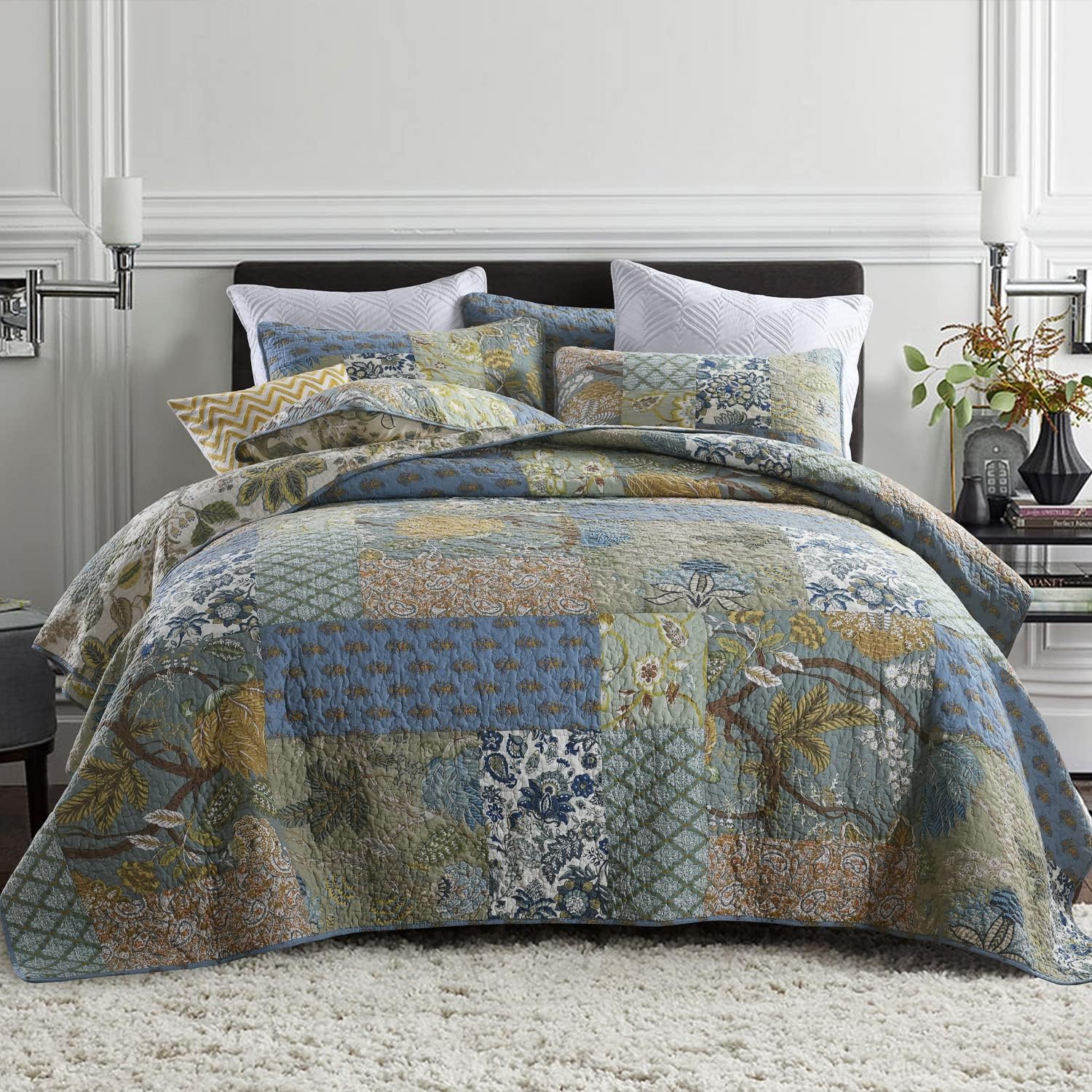 Secgo Queen Comforter Set for Bed - 100% Cotton Quilts Queen Size, Green, Sage Bedspreads (90 * 98 Inch) with 2 Pillow Shams, Patchwork Reversible Lightweight Bedding - Image 11