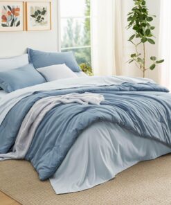 Bedsure Queen Comforter Set - 7 Pieces Grayish Blue Queen Bedding Set for All Seasons, Boho Contrasting Design Bed in a Bag with Comforter, Sheets, Pillowcases & Shams