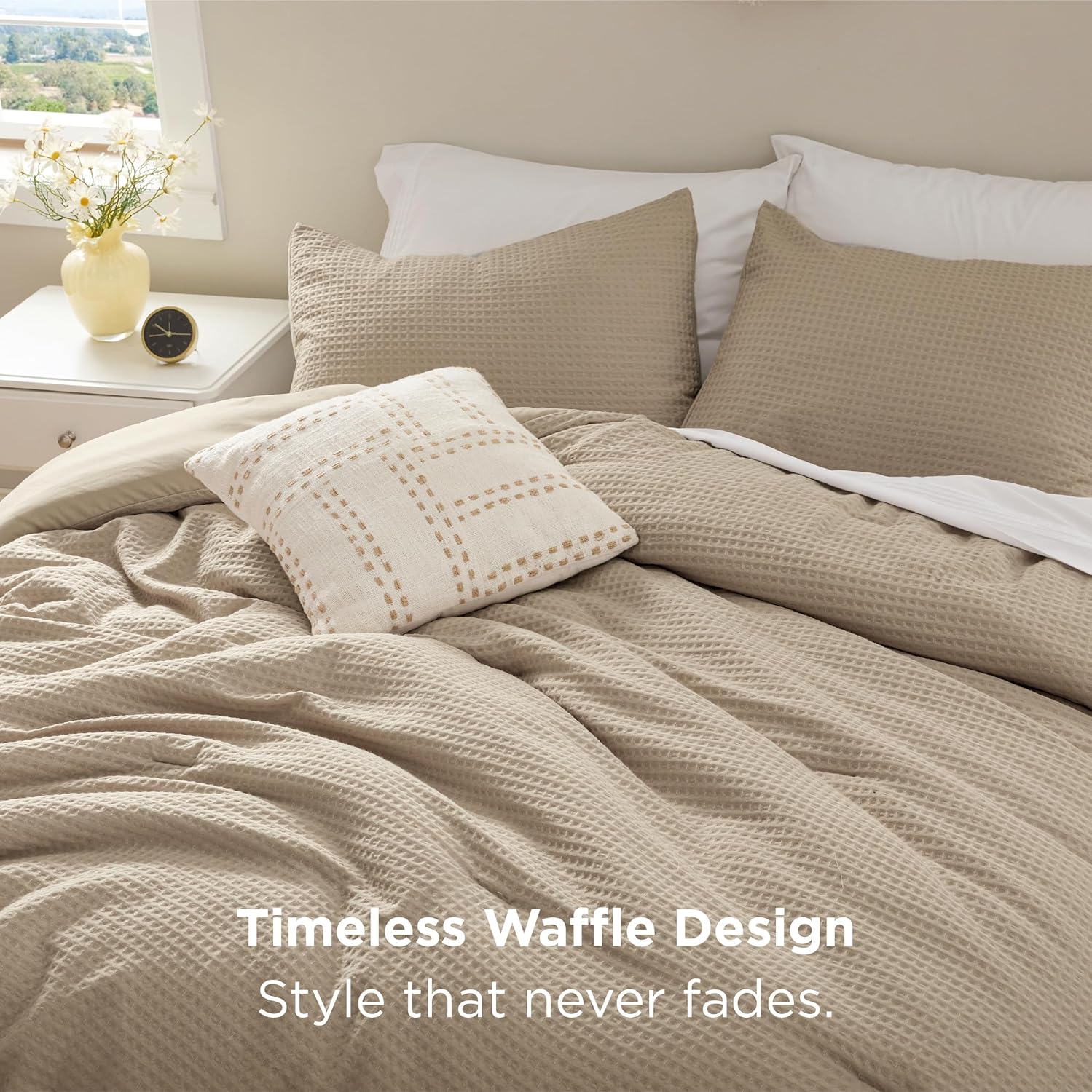 Bedsure Waffle Comforter Set Queen, Soft and Breathable Khaki Bedding Comforter Set, 3 Pieces, 1 Waffle Weave Comforter (90" x 90") and 2 Pillowcases(20" x 26") - Image 4