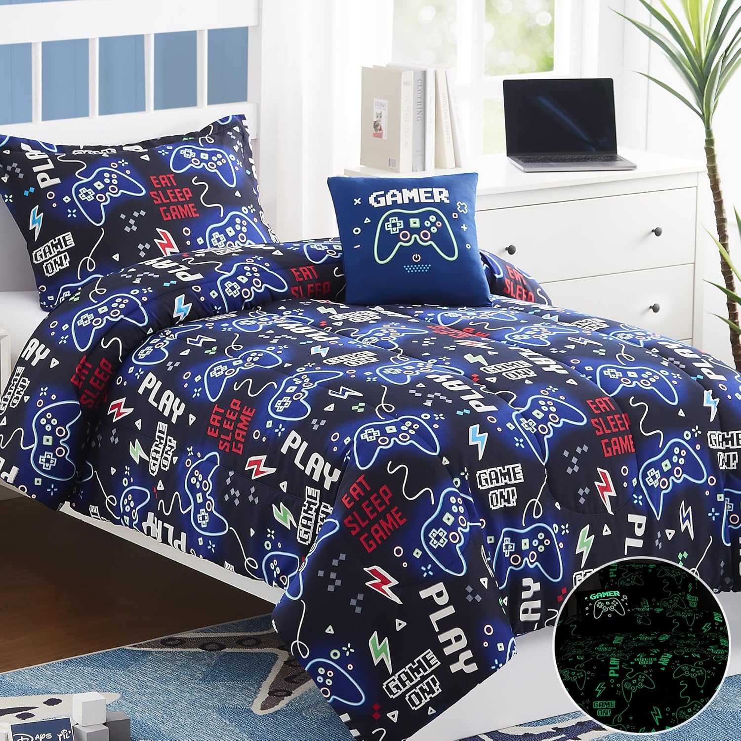 Kids Comforter Set Twin Size for Boys, Glow in The Dark Gamer Bedding Set 1 Comforter, 1 Decor Pillow, 1 Pillow Sham, Twin XL Comforter Set Dorm Bedding - Image 6