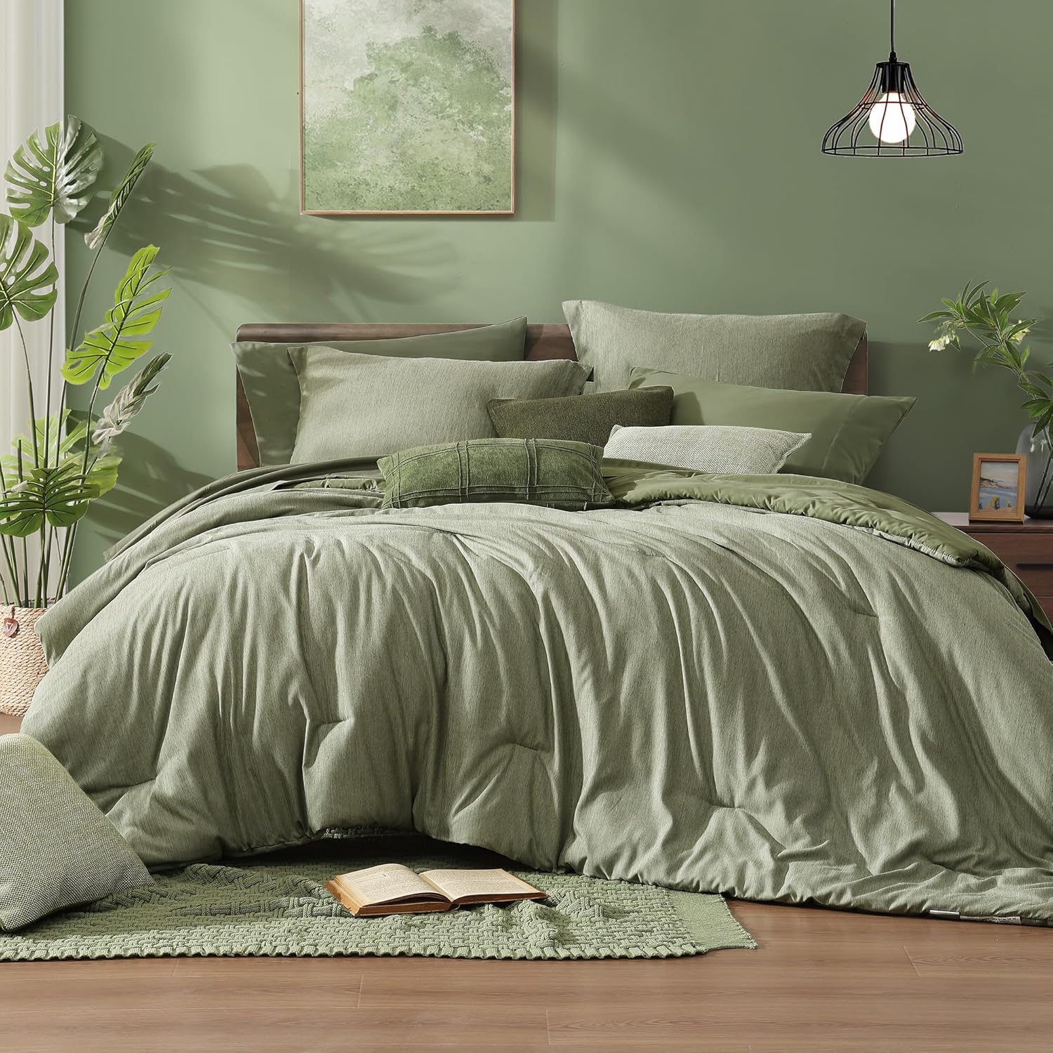 Monbix Queen Comforter Set - 7 Pieces Cationic Dyeing Olive Green Bed in a Bag Queen Bedding Sets with Comforter, Sheets, Pillowcases & Shams, Reversible Bedding Comforters Sets - Image 24