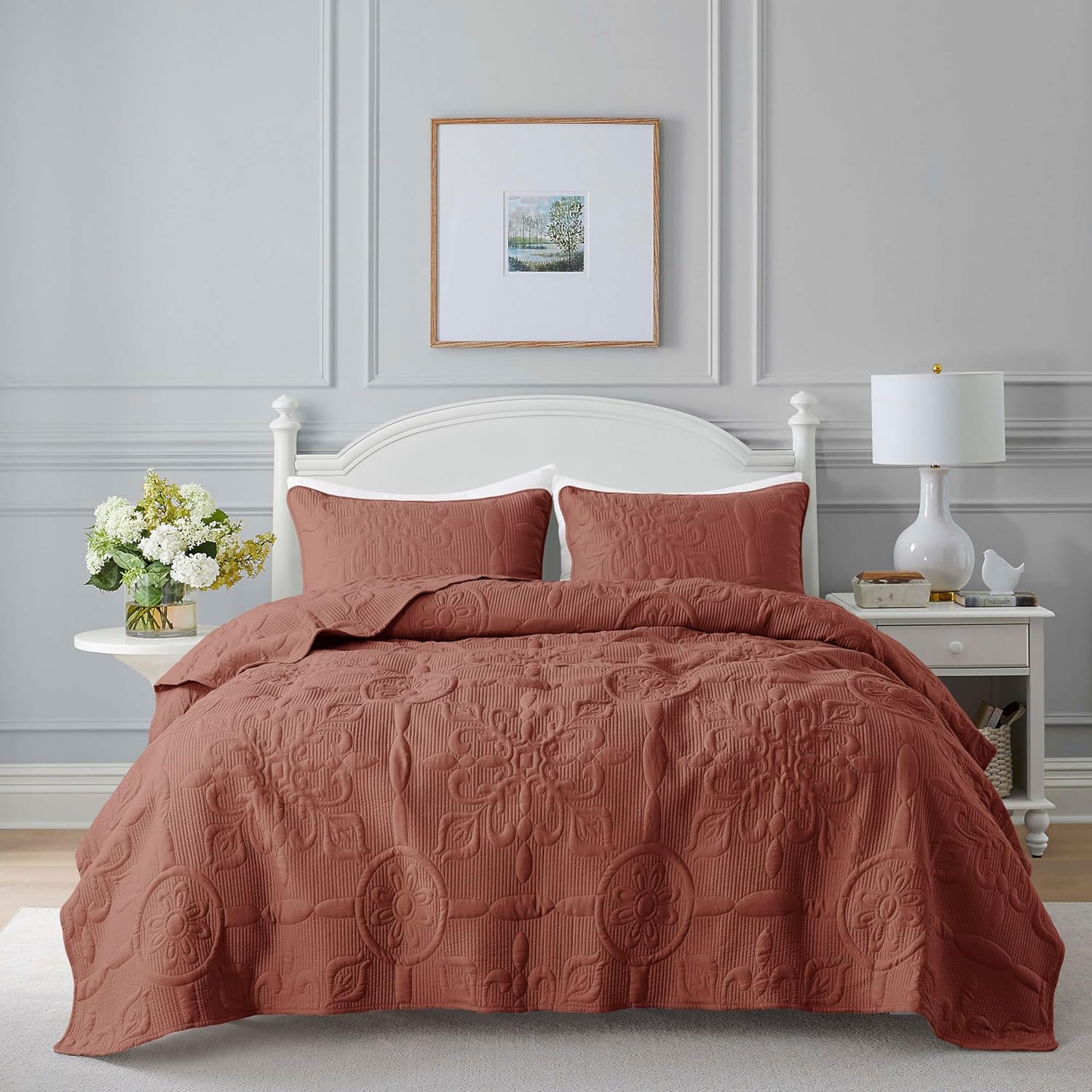 B2EVER Beige Damask Quilt Twin Size Bedding Sets with 1 Pillow Sham, Boho Bedspread Lightweight Soft Farmhouse Vintage Bohemian Coverlet Retro Jacquard Pattern Bed Cover for All Season, 2 Pieces - Image 16