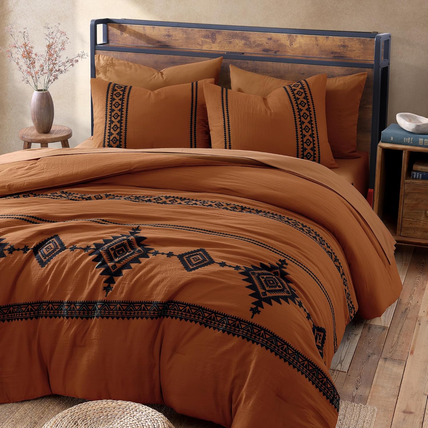 MaiRêve Burnt Orange Embroidery Comforters Set Queen Size - 7 Pieces, Farmhouse Western Bedding All Season, Bed in A Bag Queen Boho Comforter Set with Sheets, Pillowcases & Shams - Image 3