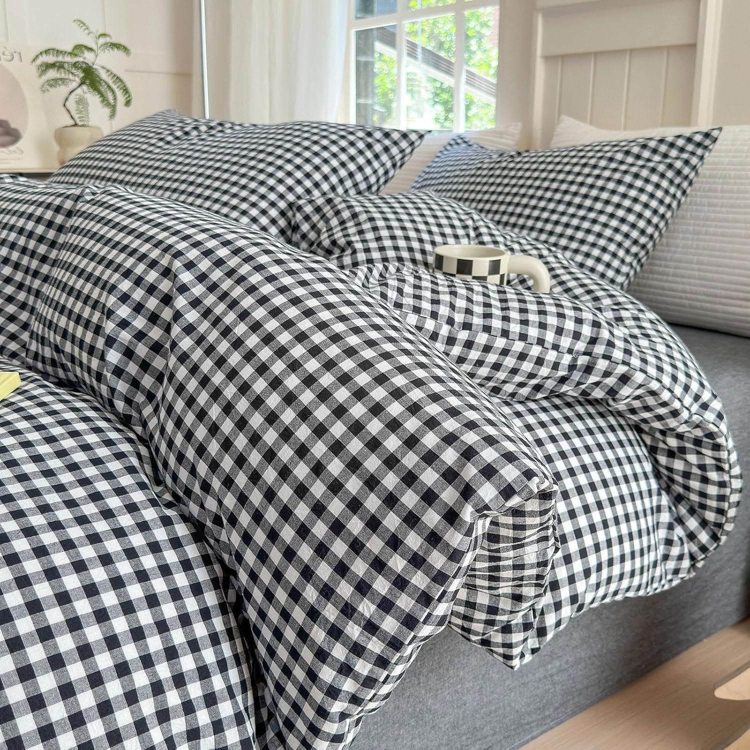 LifeTB Queen Comforter Set Tan Gingham Comforter Modern Style Beige Plaid Comforter Set 3 Pieces Fluffy Grid Checkered Comforter with 2 Pillowcases Boho Gingham Bedding Set Queen Size - Image 15