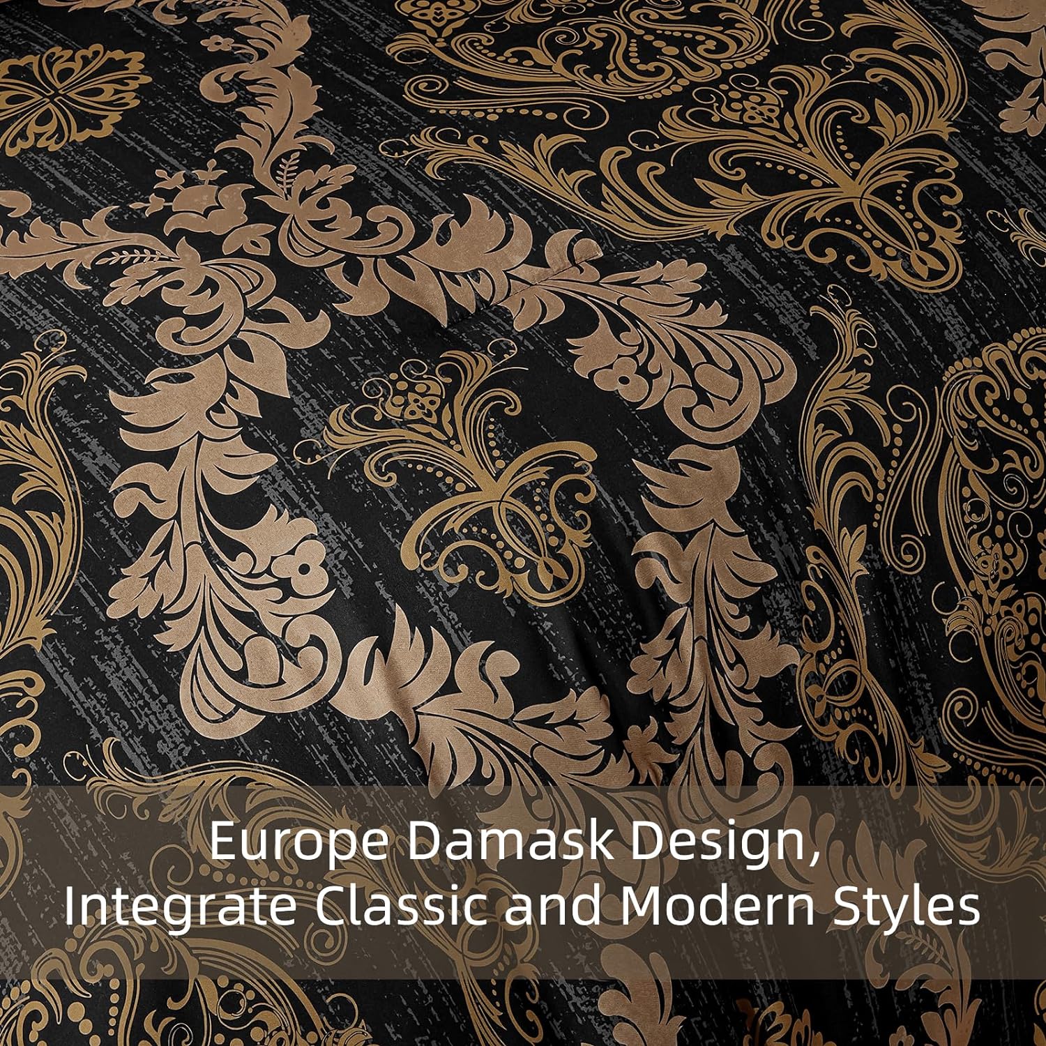WONGS BEDDING Black Comforter Set Queen Size, Gold Damask Texture 7 Pieces Bed in a Bag Microfiber Comforter Bedding Sets -1 Comforter, 1 Flat Sheet, 1 Fitted Sheet, 2 Pillow Shams, 2 Pillowcases - Image 6