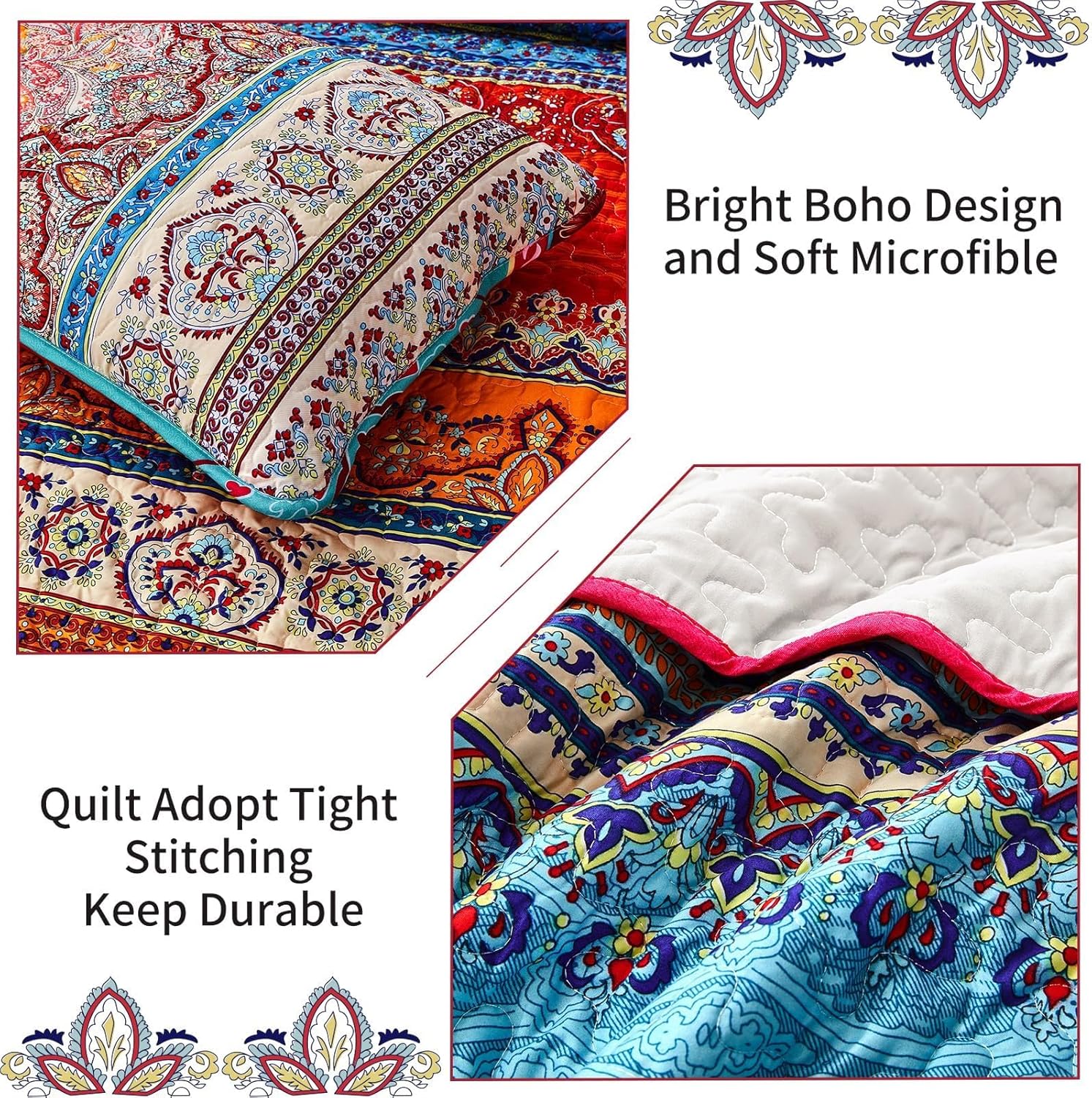 WONGS BEDDING Bohemian Quilt Set King Size, Boho Striped Printed Bedding Bedspread Coverlet Set for All Season, Lightweight Microfiber Quilts with 2 Pillowcases 104"x90" (3 Pieces, Colorful) - Image 6