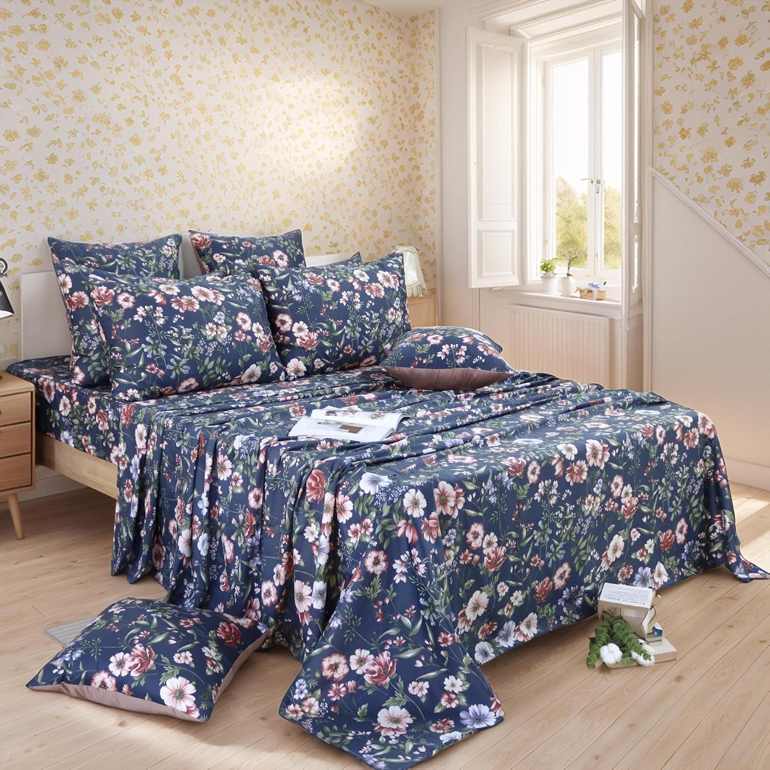 FADFAY Shabby Floral Bedding Elegant Peony Sheets Set Luxury Bedding Collections 100% Egyptian Cotton Deep Pocket, 4 Piece-King Size - Image 18
