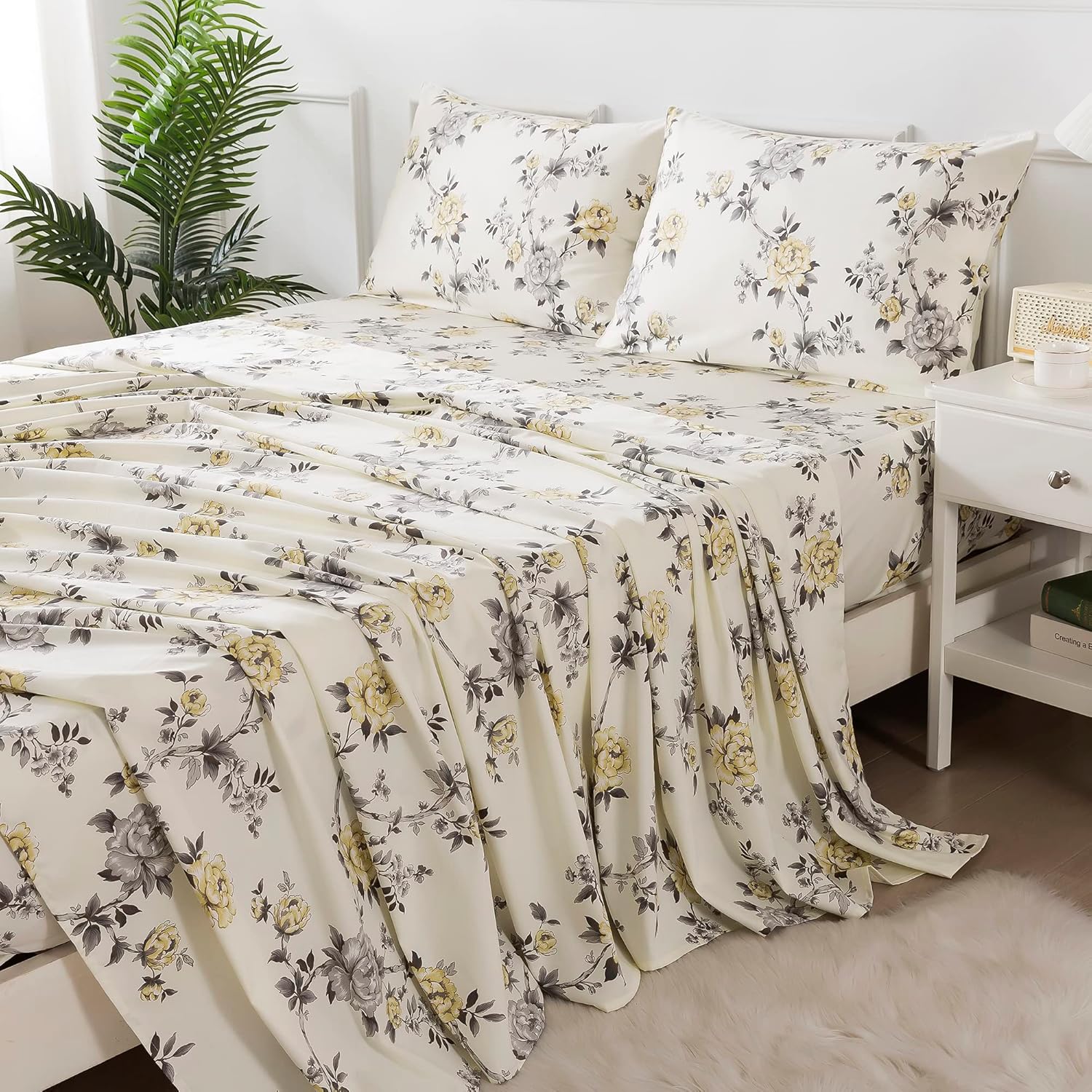 FADFAY Shabby Floral Bedding Elegant Peony Sheets Set Luxury Bedding Collections 100% Egyptian Cotton Deep Pocket, 4 Piece-King Size - Image 60
