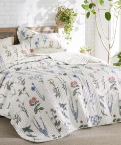 Bedsure Floral White Quilt Queen - Reversible Queen Size Floral Quilt Bedding, Lightweight Bedspread, Soft Botanical Coverlet for All Seasons (90"x96")