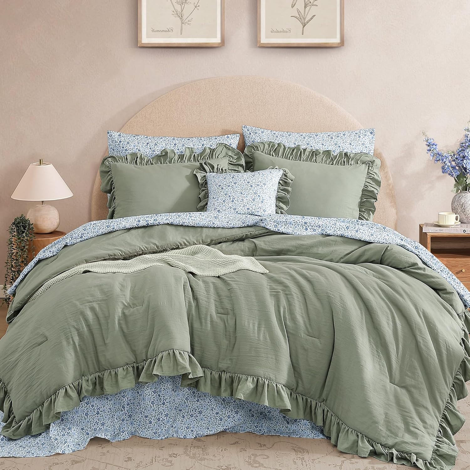 King Comforter Set - 7 Pieces Ruffle Sage Green Bedding Sets, Shabby Chic Farmhouse Bed in a Bag King with Ruffle Comforter, Floral Sheets, Pillowcases & Shams - Image 20