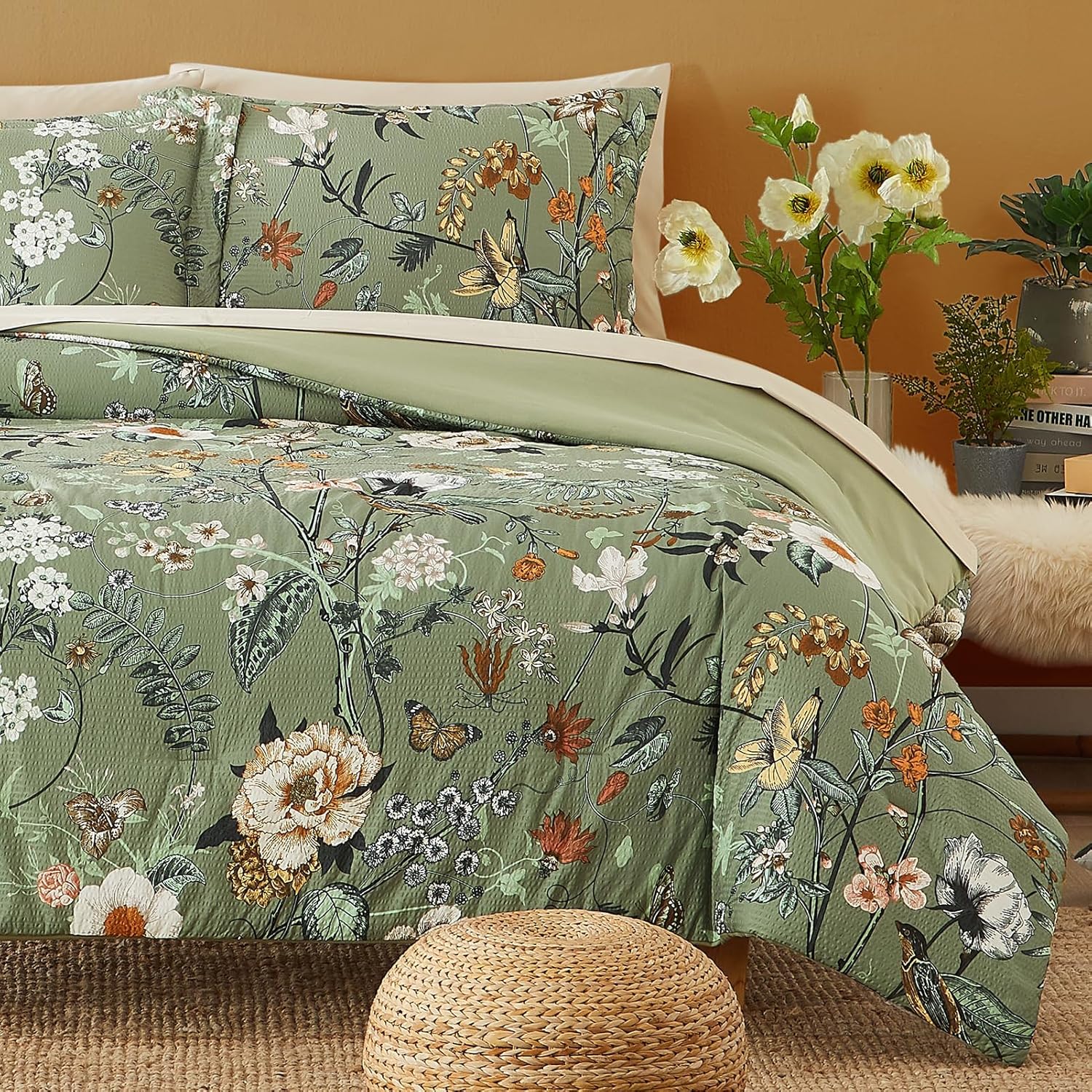 CASAAGUSTO Full Size Comforter Sets-7 Pieces Green Floral Bedding Sets, Bed in a Bag Full with Botanical Butterfly Comforter, Sheets, Pillowcases & Shams for All Seasons