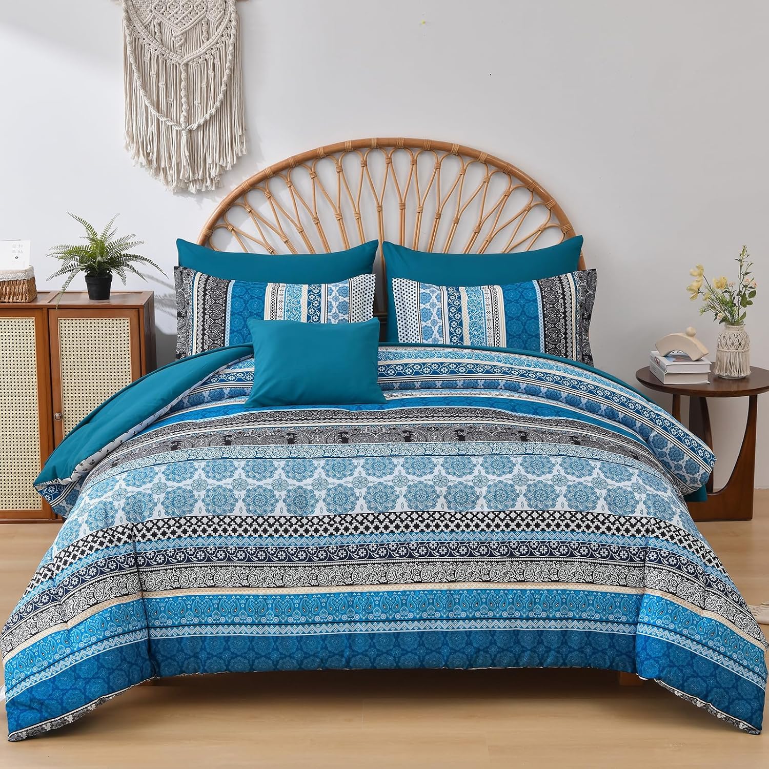 Cottolester Boho Comforter Set Full Size 8 Piece Bed in a Bag Bohemian Striped Bedding Quilt Set Aqua Paisley Floral Comforter and Sheet Set,Soft Microfiber Complete Bedding Sets for All Season - Image 30