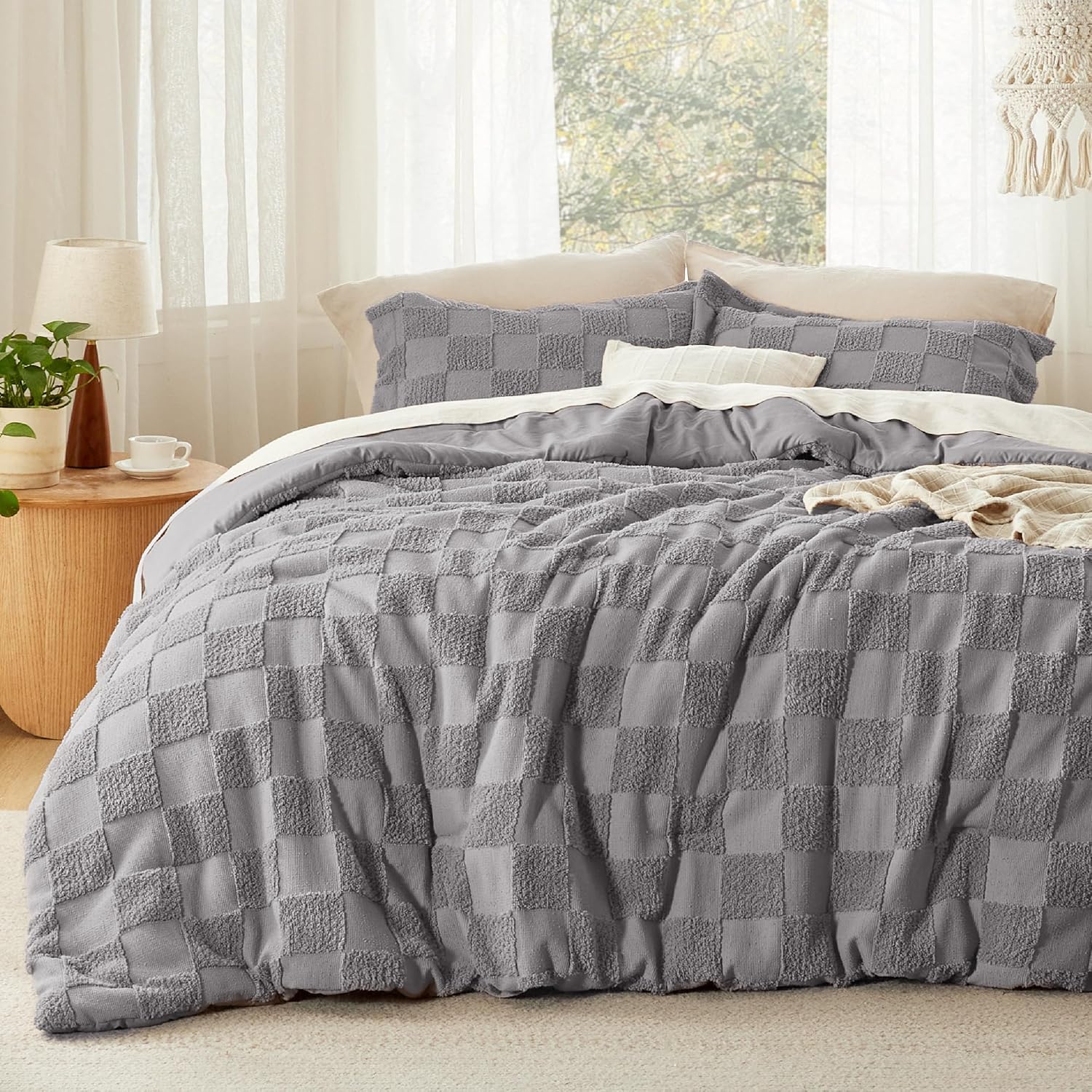 Bedsure Queen Size Comforter Set Beige, Boho Tufted Bed Set, Checkered Farmhouse Shabby Chic Bedding, 3 Pieces, 1 Plaid Geometric Comforter and 2 Pillow Shams - Image 21