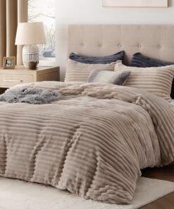Bedsure Fluffy Duvet Cover Set - Ultra Soft Plush Shaggy Comforter Cover King Size, Warm Flannel Fleece Bed Sets for Winter, 3 Pieces (Striped Pattern, Khaki)
