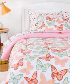 Amazon Basics Kid's Soft, Easy Care Microfiber Bed-in-a-Bag 5-Piece Bedding Set, Twin, Butterfly Friends
