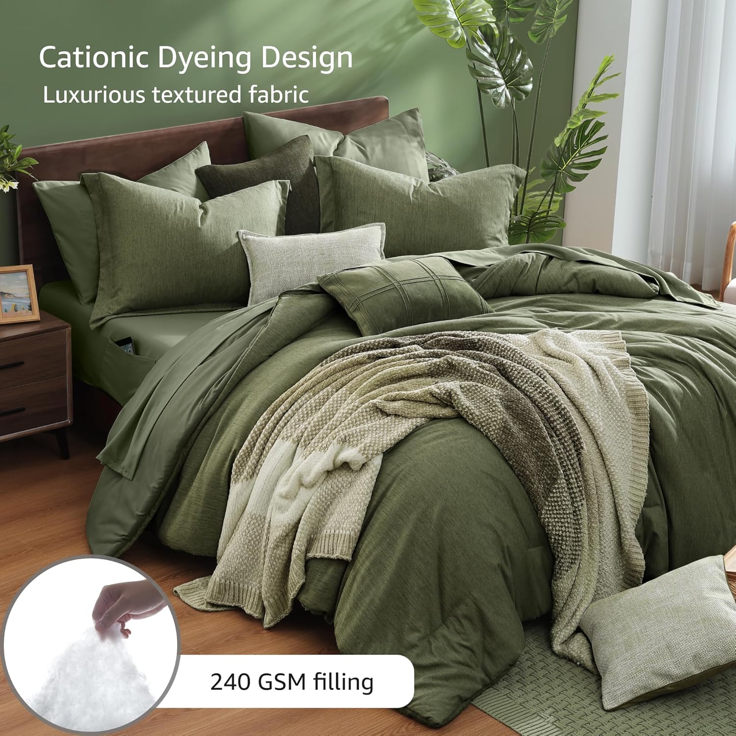 Monbix Queen Comforter Set - 7 Pieces Cationic Dyeing Olive Green Bed in a Bag Queen Bedding Sets with Comforter, Sheets, Pillowcases & Shams, Reversible Bedding Comforters Sets - Image 3