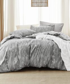 Bedsure Queen Comforter Set - Grey Bed Set, 3 Pieces Cute Floral Bedding, 1 Soft Reversible Botanical Flowers Comforter and 2 Pillow Shams