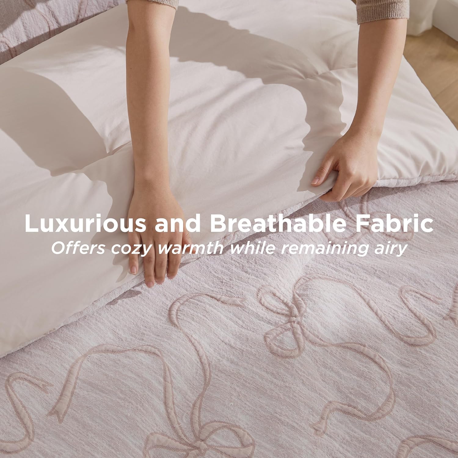 Bedsure Queen Comforter Set, Pink Boho Tufted Bed Set, 3D Puffy Jacquard Bedding Queen Size, 3 Pieces, 1 Farmhouse Shabby Chic Embroidery Comforter with Bow Pattern & 2 Pillow Cases - Image 4