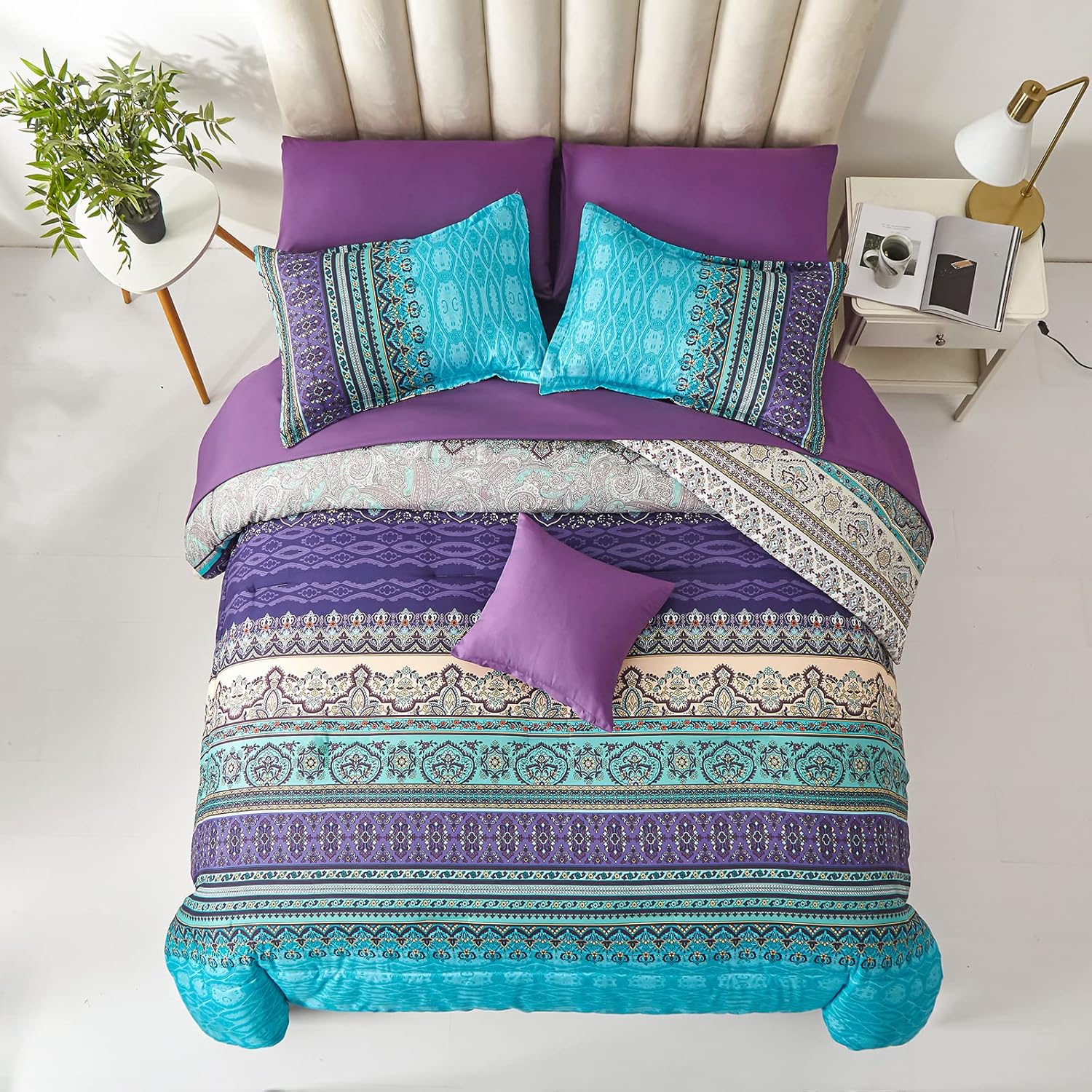 Cottolester Boho Comforter Set Full Size 8 Piece Bed in a Bag Bohemian Striped Bedding Quilt Set Aqua Paisley Floral Comforter and Sheet Set,Soft Microfiber Complete Bedding Sets for All Season - Image 5