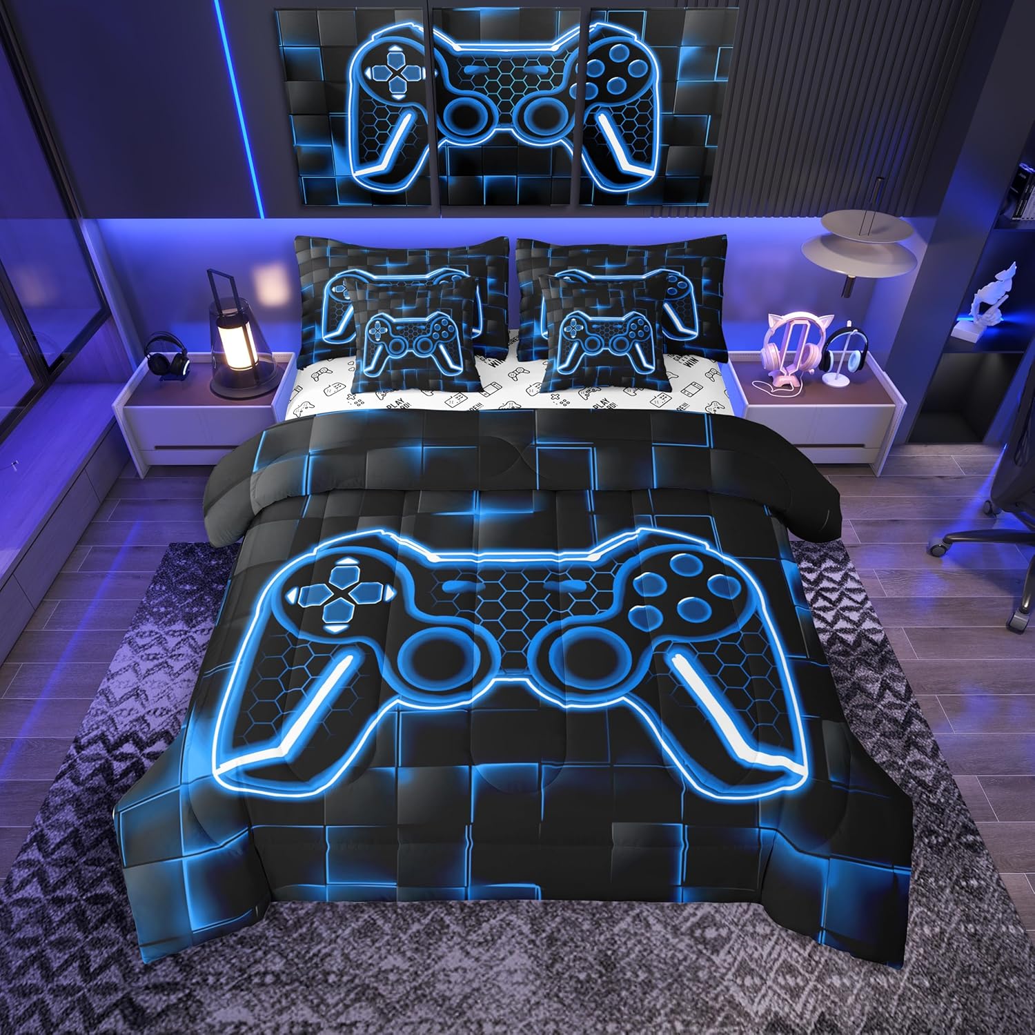 Feelyou Gamer Bedding Set Gamepad Comforter Set with Sheets 7 Piece for Boys Gaming Gifts Bed in a Bag Full Game Controller Red Bed Set with Comforter,Sheets,Cushion Covers - Image 33